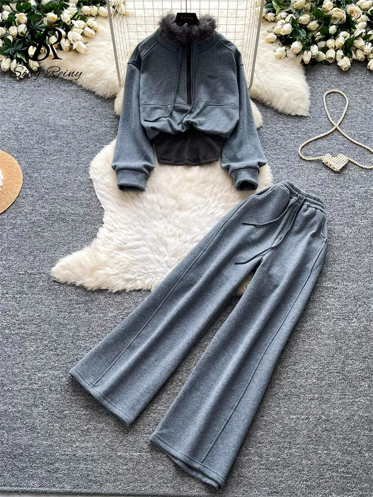 Women Casual Sporty Suits Autumn Winter Patchwork Slim Sweatshirt+Warm Loose Drawstring Pants Edgy Cozy 2Pcs Set