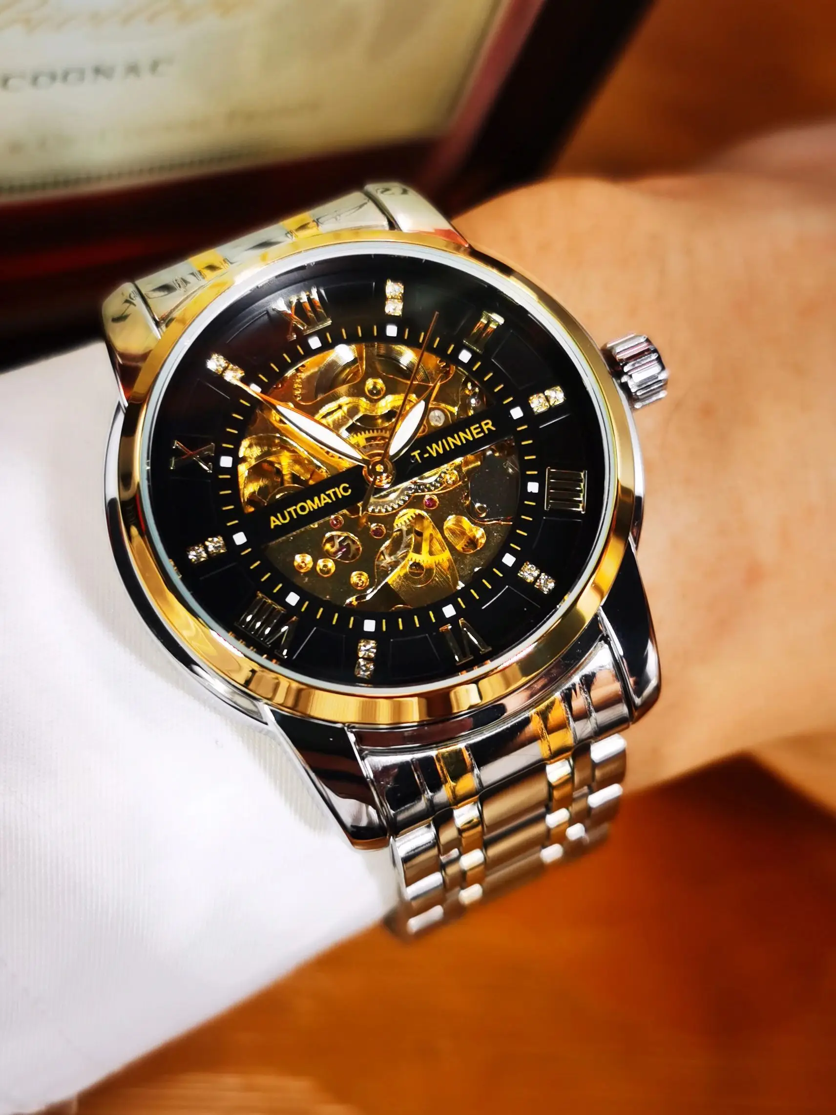 WINNER Gold Black Mechanical Watches Classic Retro Iced Out Skeleton Automatic Watch for Men Stainless Steel Band Luminous Hands