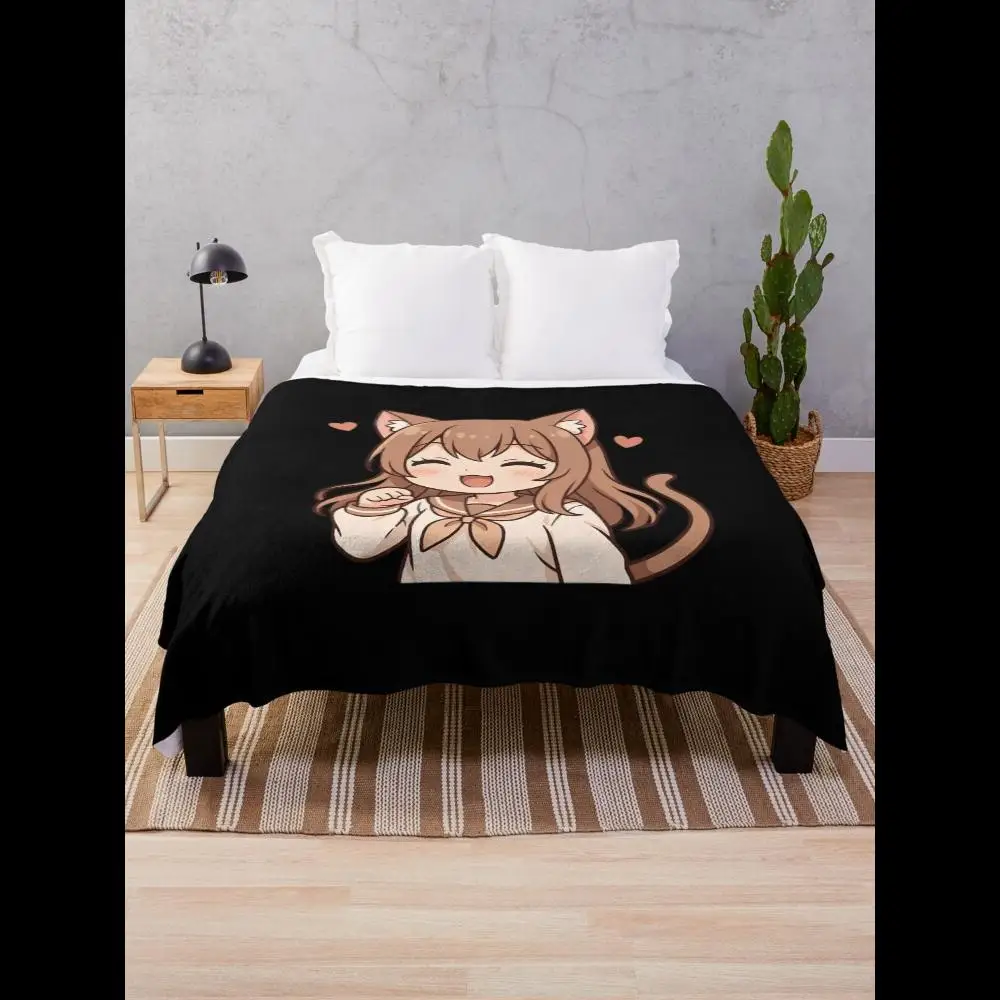 Cozy Anime Cat Girl with Joyful Expression Throw Blanket for Home Comfort