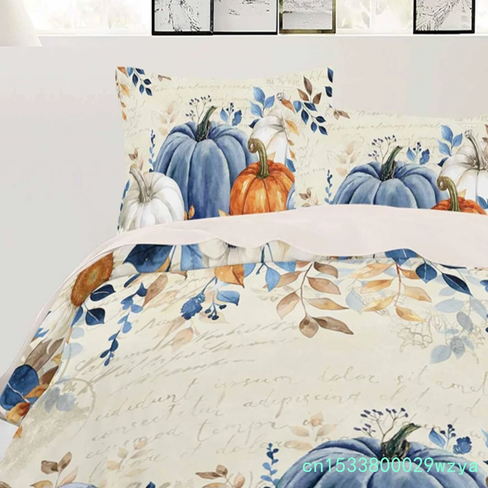 Fall Blue Pumpkins Duvet Cover Set 3 Pieces, Thanksgiving Orange Gray Botanical Rustic Bedding Sets