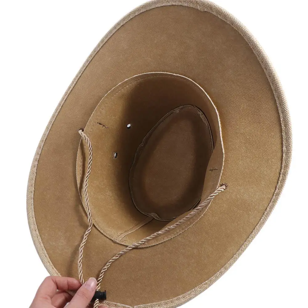Simple Linen Western Cowboy Hat Beach Cap Wide Brim Summer Sun Hat Cycling Cap Outdoor Visor Cap Beach Sunscreen Cap Beach