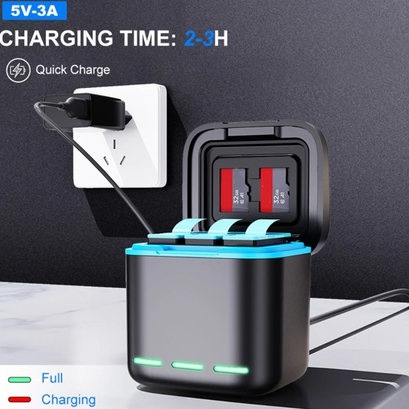 Triple Battery Charging Storage Box for 8/7/6/5 Action Camera Battery With Type C and Quick Capability