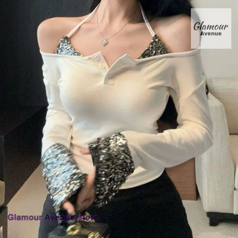 

French sweet and spicy sequined stitching T-shirt female spring tight unique neck fake two off-the-shoulder long-sleeved tops.