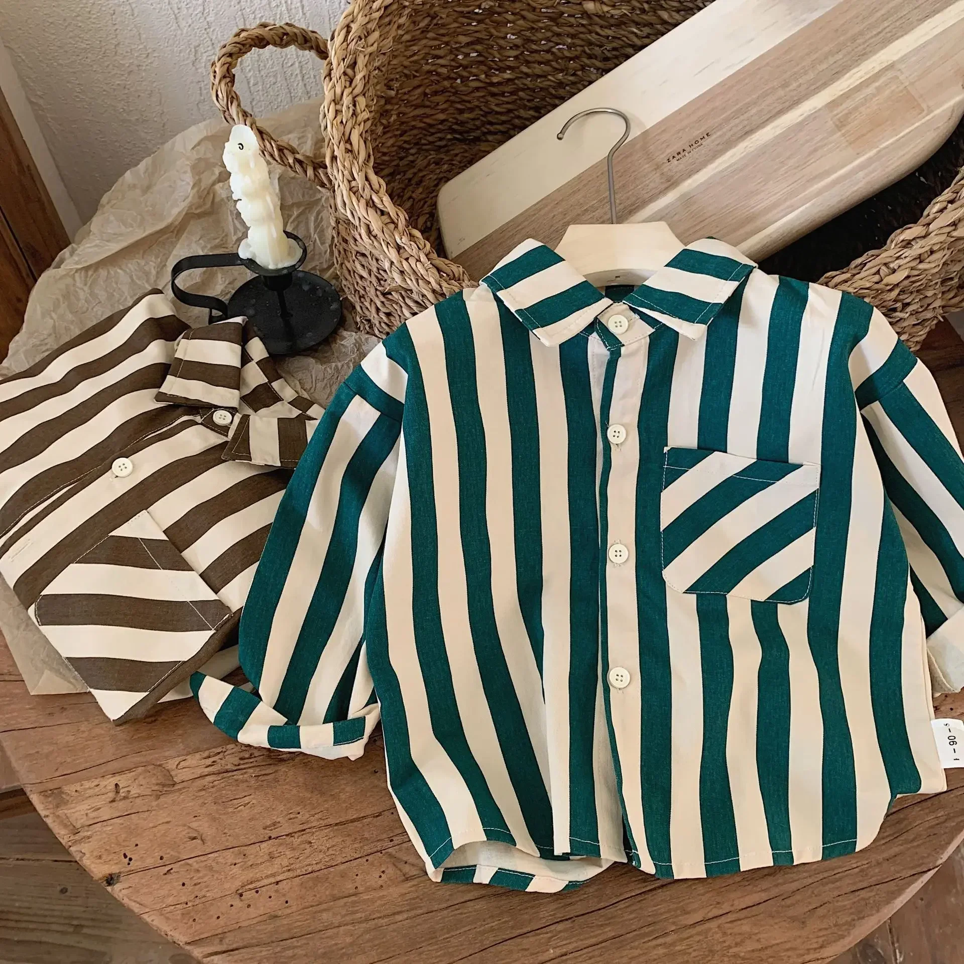 Children's Shirt 2024 Autumn Boy Children Internet Celebrity Vertical Stripes Casual Lazy Shirt Trendy Handsome F0322