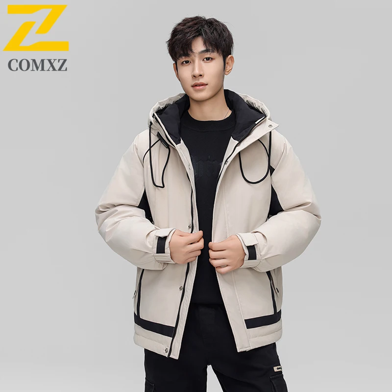COMXZ Winter Short Down Jacket Men Outdoor Mountaineering Thickened Warm Puffer Coat Classic Hooded Daily Wear Windproof Parka
