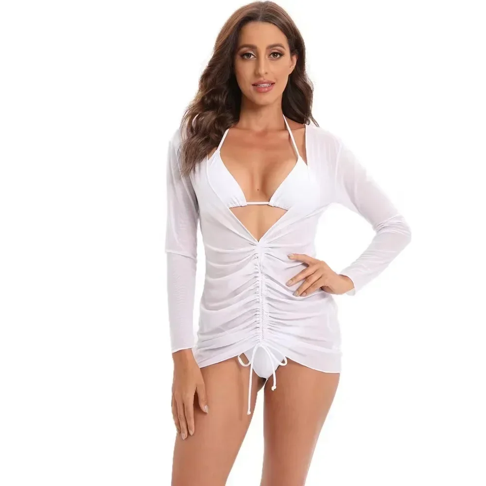 Long Sleeves Dress 2022  Print 3 Pieces Bikinis Set Brazilian Triangle Swimsuit Women Sexy Swimwear Women Sport Bathing Suit