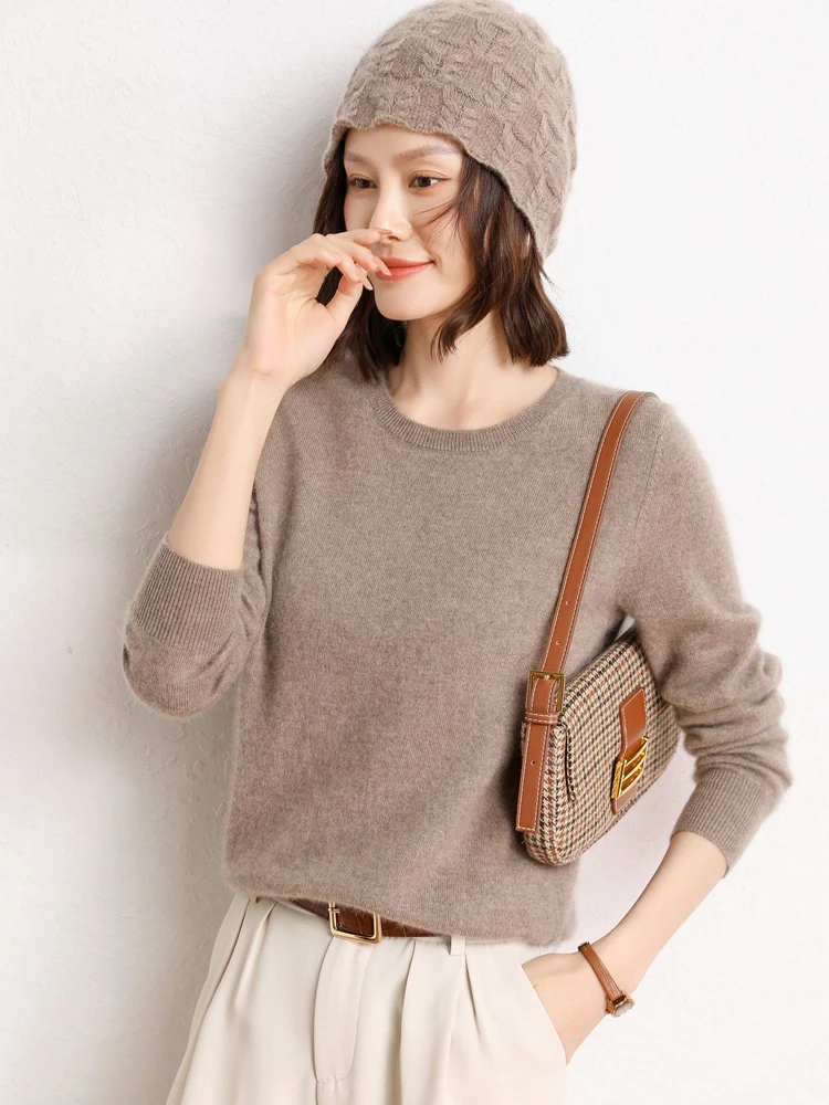 

New Chic Solid Color Basics 100% Cashmere Sweater Autumn Winter Woman O-Neck Pullover Thick Soft Warm Knitwear Female Grace Tops