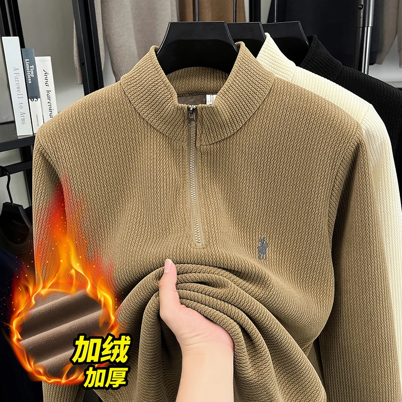 سترة بسحاب برقبة عالية مع مخمل سميك للرجال، سترة شتوية دافئة، سترة قاعدة محبوكة