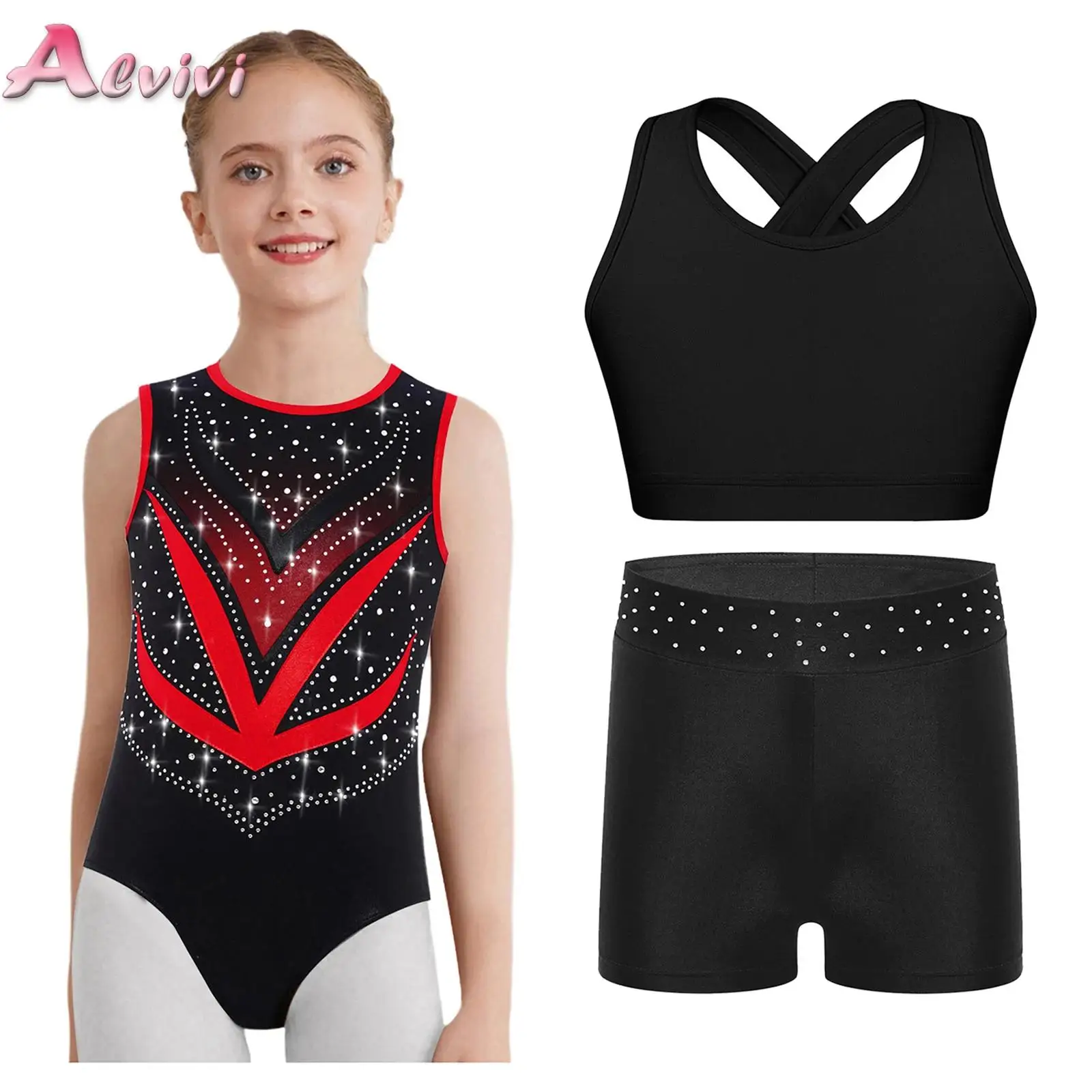 

Kids Girls Ballet Jersey Unitard Dancewear Set Sleeveless Artistic Figure Skating Gymnastics Leotard with Vest and Shorts Suit