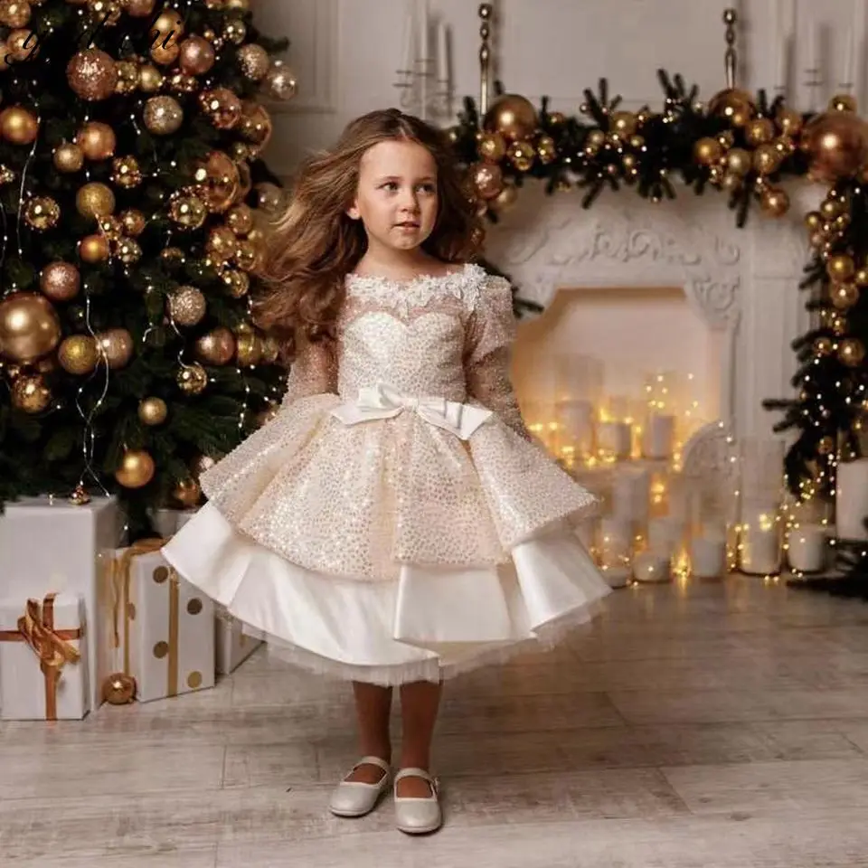 

Customized Luxury Glitter Sequined Flower Girl Dresses For Wedding 2024 Floral Appliques Princess Long First Communion Gowns