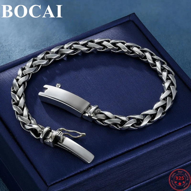 BOCAI S925 Sterling Silver Bracelets New Fashion Flat Wires Chopin-chain Bangle Solid Argentum Jewelry for Women Men