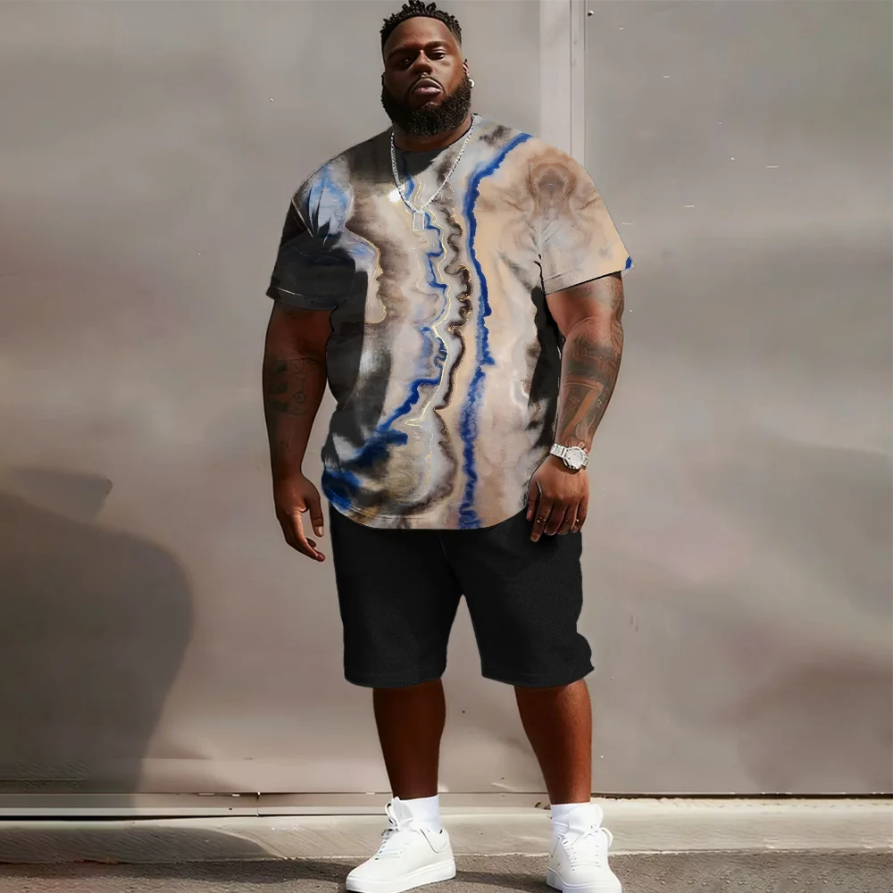 S-9XL Plus Size Men's Streetwear 2 Piece Outfit, Marble Geometric Stripe Print Short Sleeve T-Shirt and Shorts Casual Set