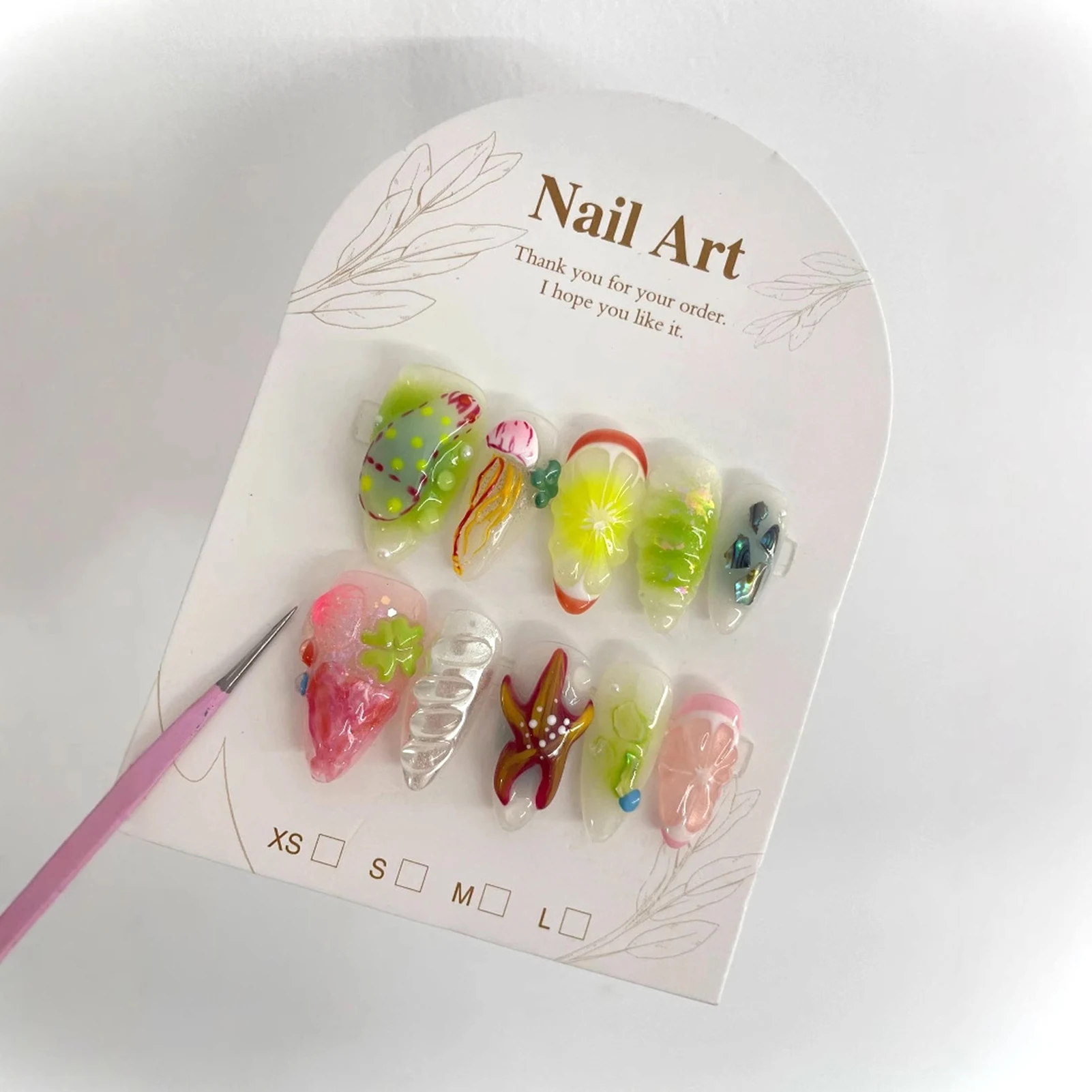 Handmade Press On Nails Y2k Almond False Nails With 3D Sea Star Decor 10pcs Colorful Pearlescent Lemon Fake Nails Long Wearable