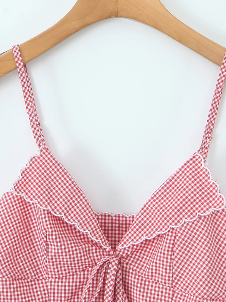 قميص قصير منقوش باللون الأحمر الحلو للسيدات من Chu Sau Beauty 2025 أنيق بدون أكمام قطع علوية مقصوصة فرنسية على شكل حرف v مثيرة ضيقة بدون ظهر كاميس #3