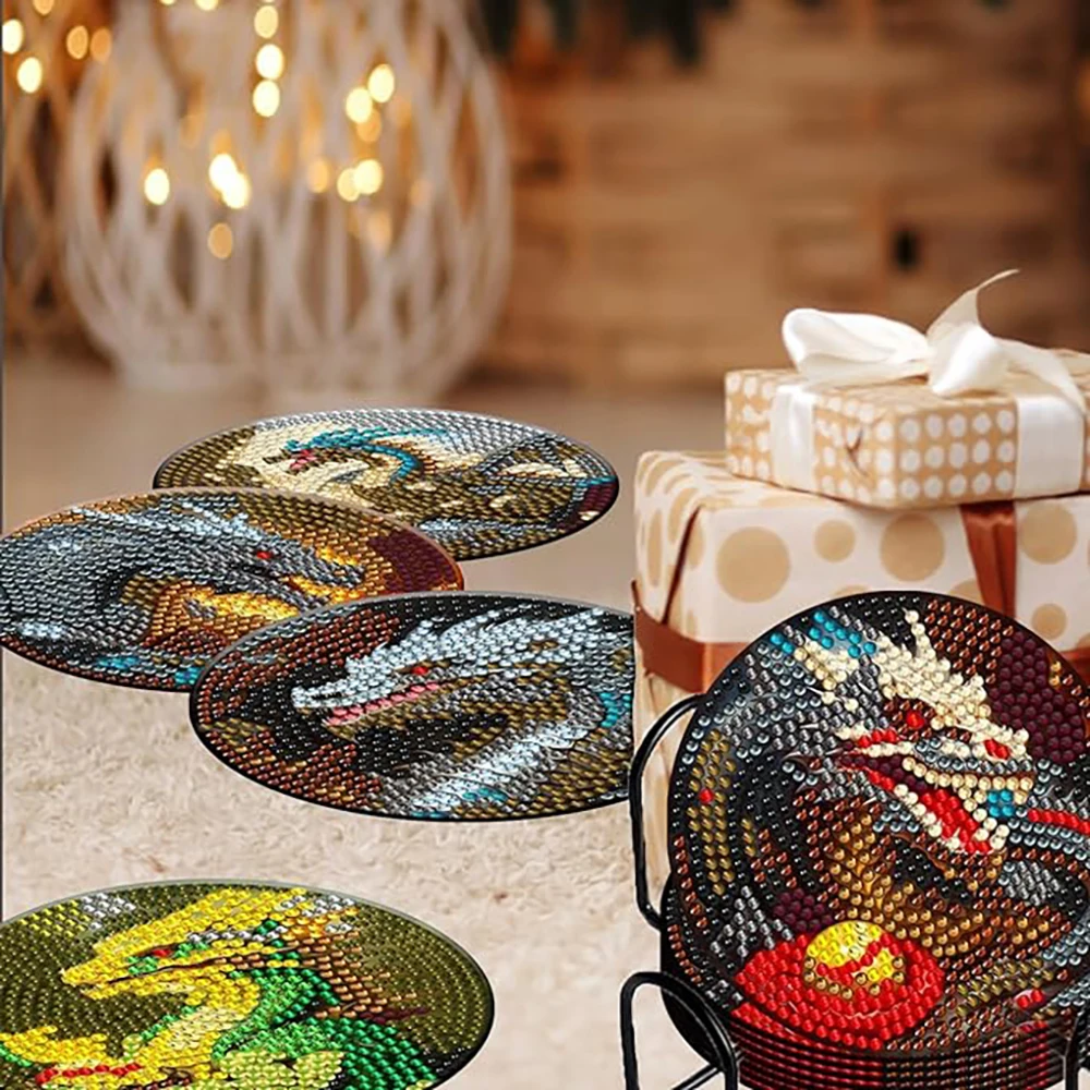 8 pieces/set Dragon Diamond Painting Cup Mat Set, DIY Cup Mat with Bracket for Beginners, Art and Craft Supplies Gift