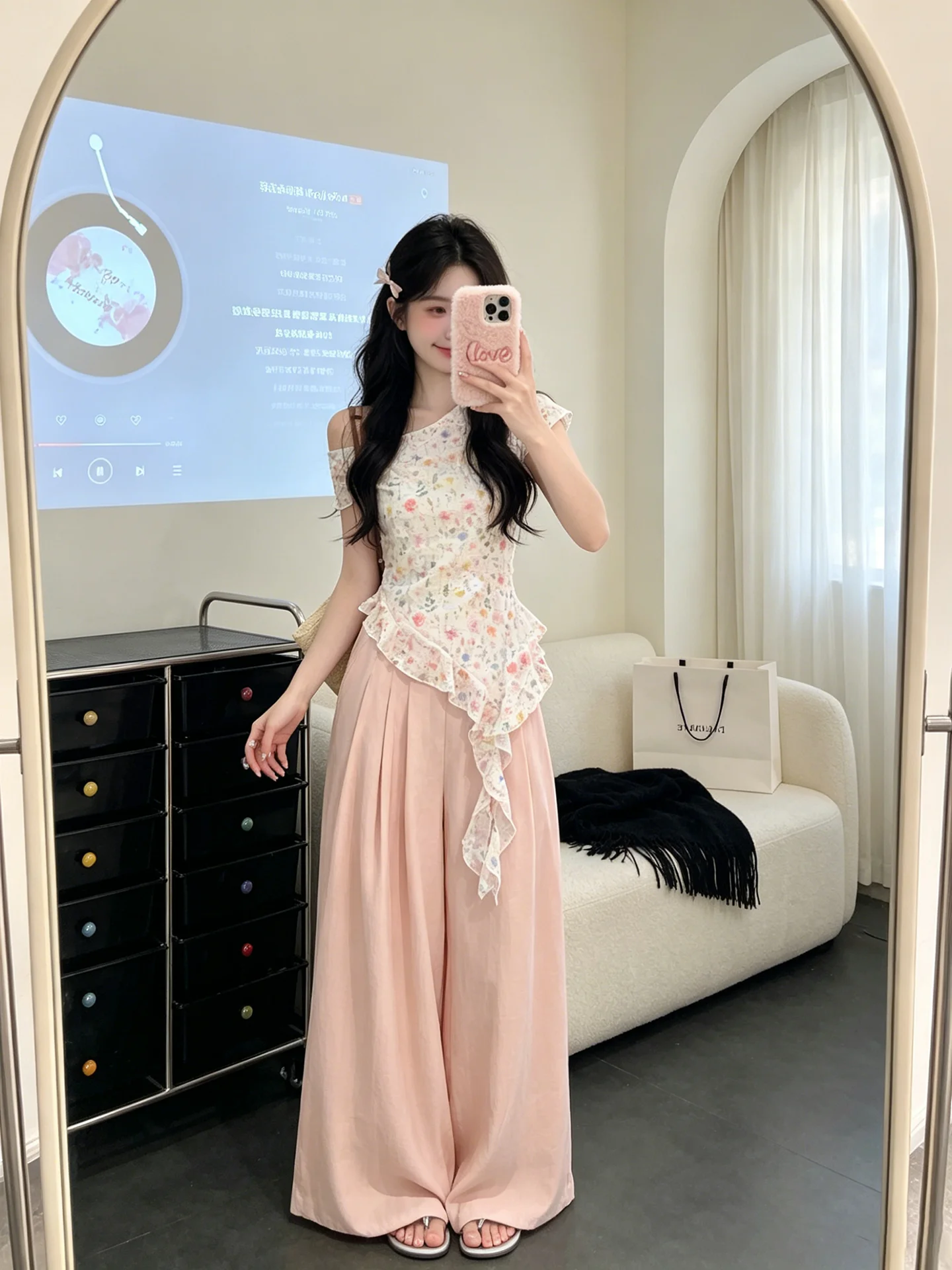 

Unique Design Sweet Girl's Floral T-Shirt And Wide Leg Pants Two Piece Set Shoulder Bows Casual Summer Fashion Ensemble