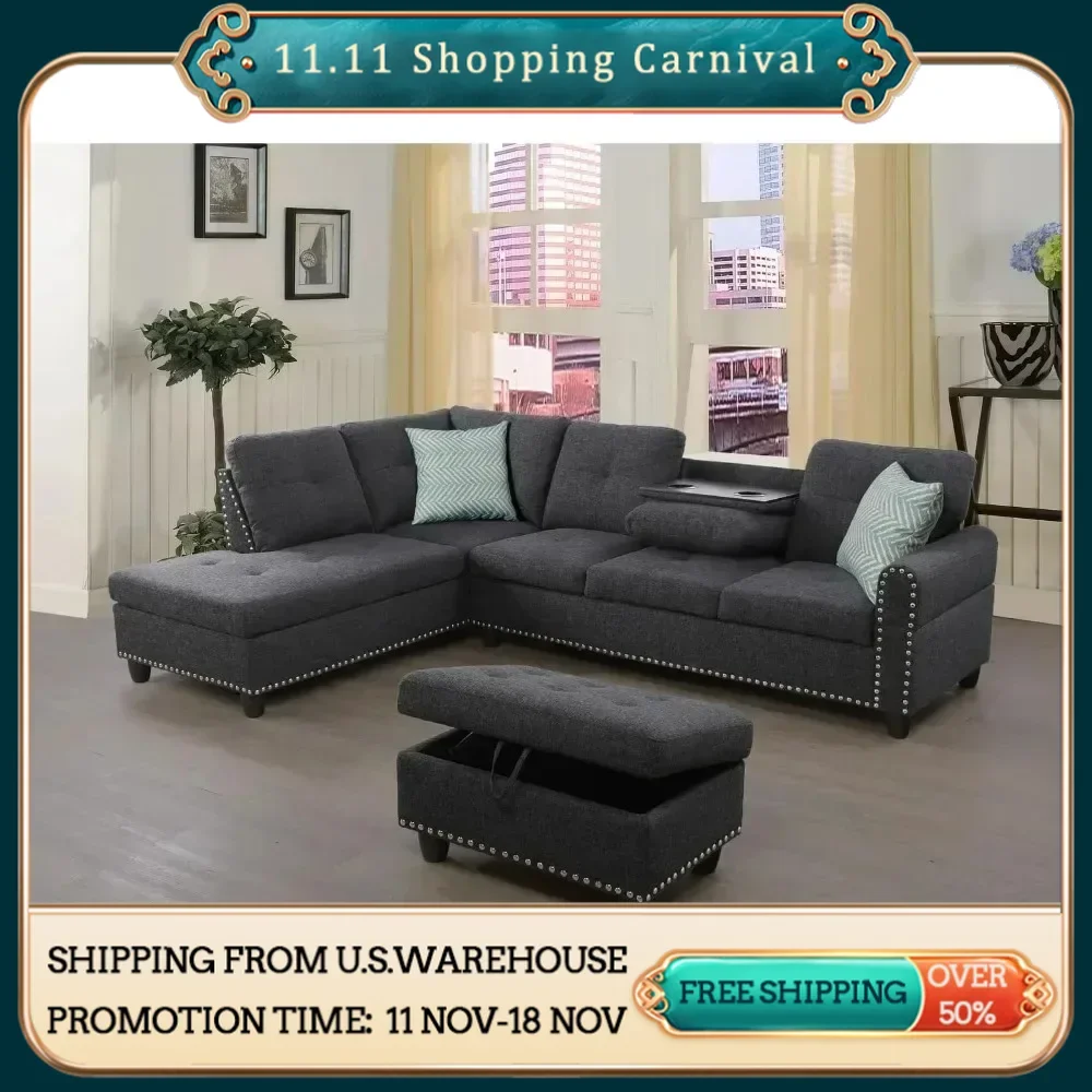 

Living Room Sofa, 67-Inch Polyester Fabric L-Shaped Sectional Couch With Lift-top Storage Ottoman, Tufted Back and Seat