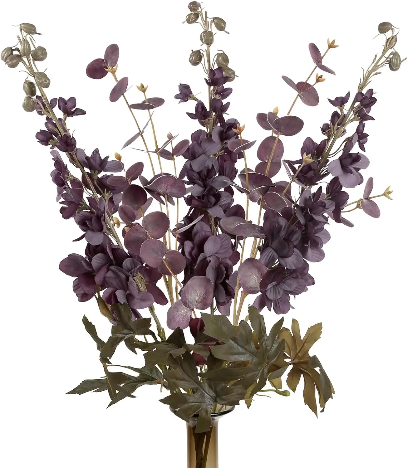 

Plum Delphinium Artificial Flowers Combo Burgundy Eucalyptus Stems 5PCS 34" Long Stem Artificial Flowers for Tall Vase f