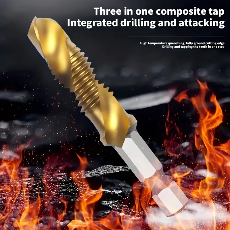 12pcsTitanium Coated HSSTap Drill Bits Set Hex Shank Screw Thread Bit Screw Machine Compound Tapfor Precise Drilling and Tapping