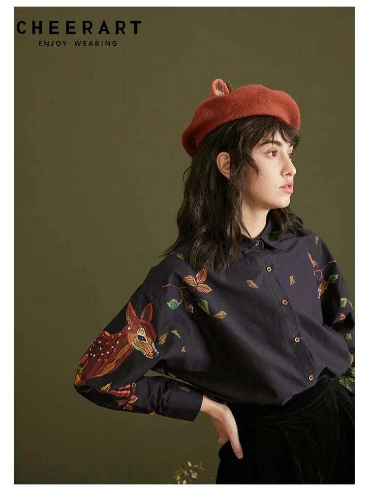 

CHEERART Deerlet Print Black Designer Shirt For Woman Batwing Long Sleeve Button Up Shirt Fashion Top Collared Shirt Clothing
