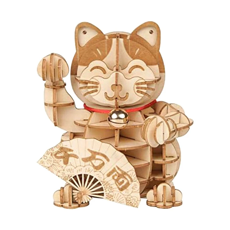 ELEG-3D Wooden Puzzle Lucky Cats -72Pcs Japanese Cats Welcome Display Greeting For Blessing Fortune Building Toys Gift Durable