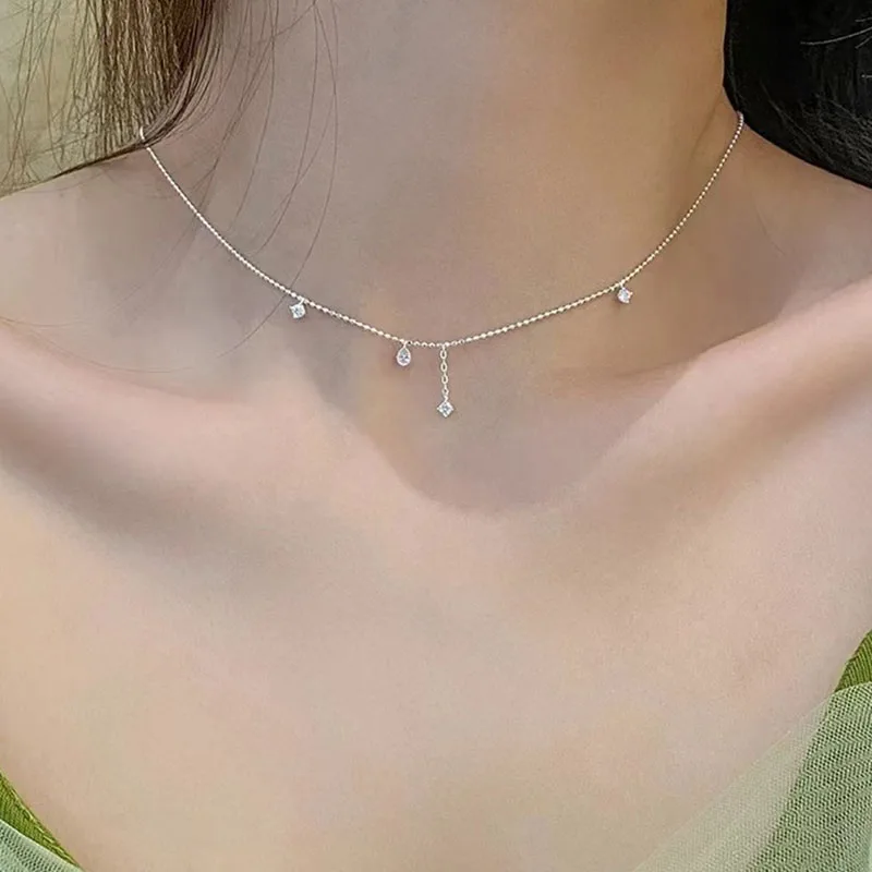 

New 925 Sterling Silver Water Drop Shape Necklace Fashionable Distinctive Ball Chain Choker Party Gift Women's Fine Jewelry