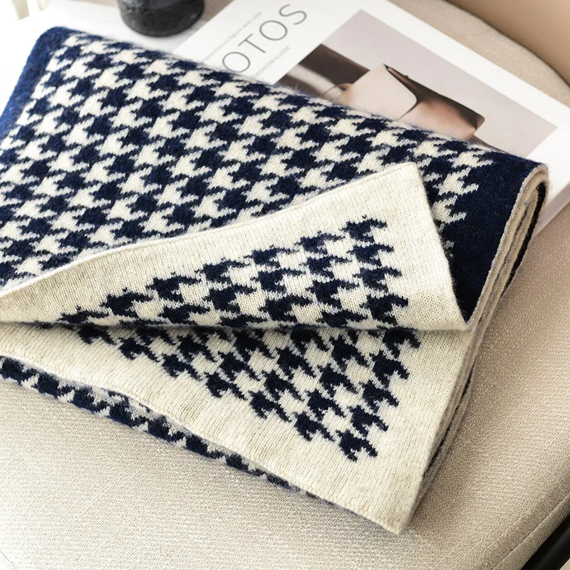High Quality 100% Cashmere Women Scarves Spring Autumn Winter Ladies Knitwear Houndstooth Merino Wool Scarf Luxury Female Shawl