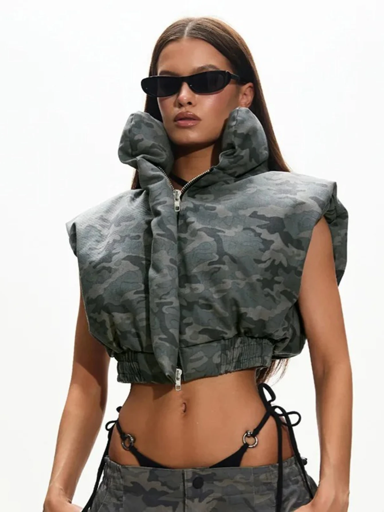 

Fashion Women Camouflage Puffer Jackets Vest Sleeveless Zipper Camo Bubble Coats