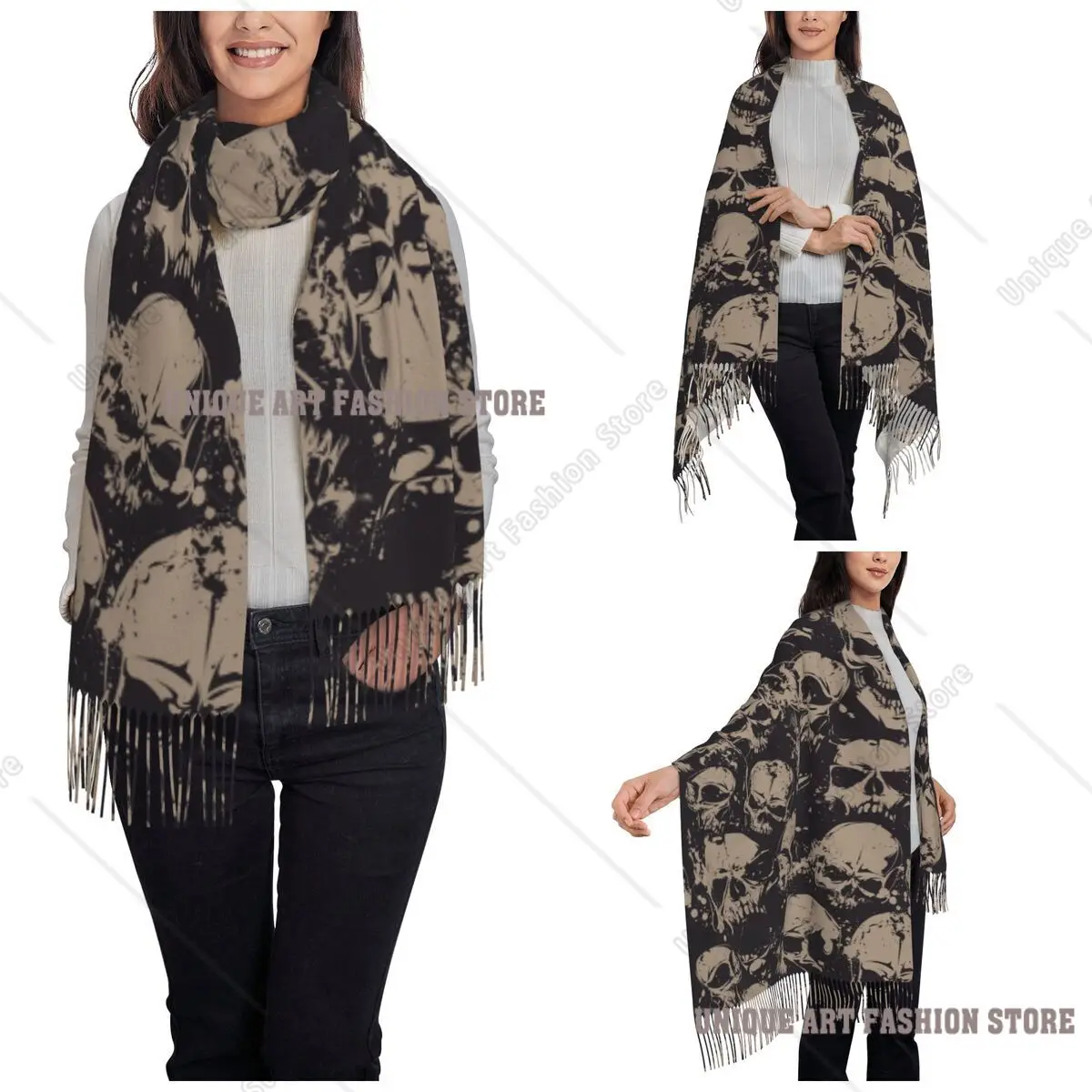 Women's Scarf with Tassel Cool Skull Long Winter Warm Shawl and Wrap Halloween Cartoon Daily Wear Pashmina Scarves
