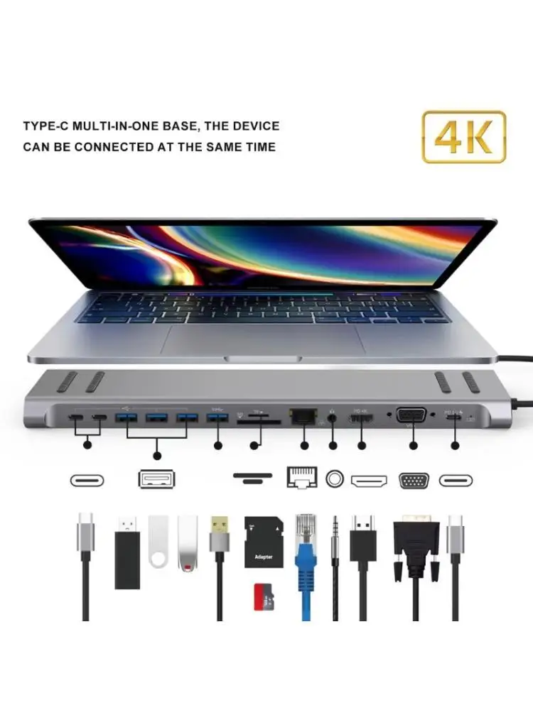 

652F Laptop USB C Docking Station 14Port Type C Hubs With HDMIs VGA And Card Slots