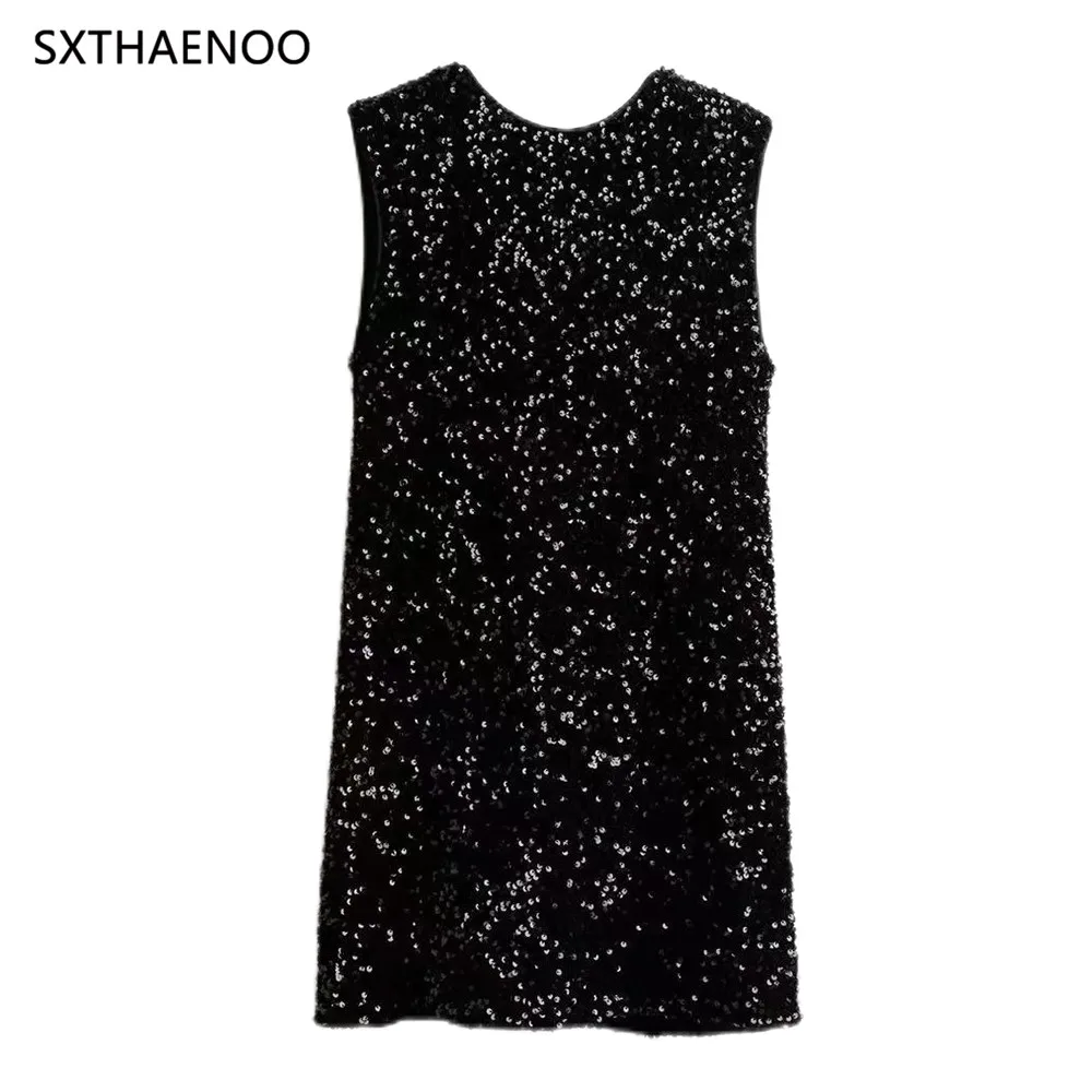 SXTHAENOO Women Straight Bow Tie Sleeveless A-line Mini Dress Fashion Bead Rear Lace-Up Party Sequin Dress for Women Vestidos
