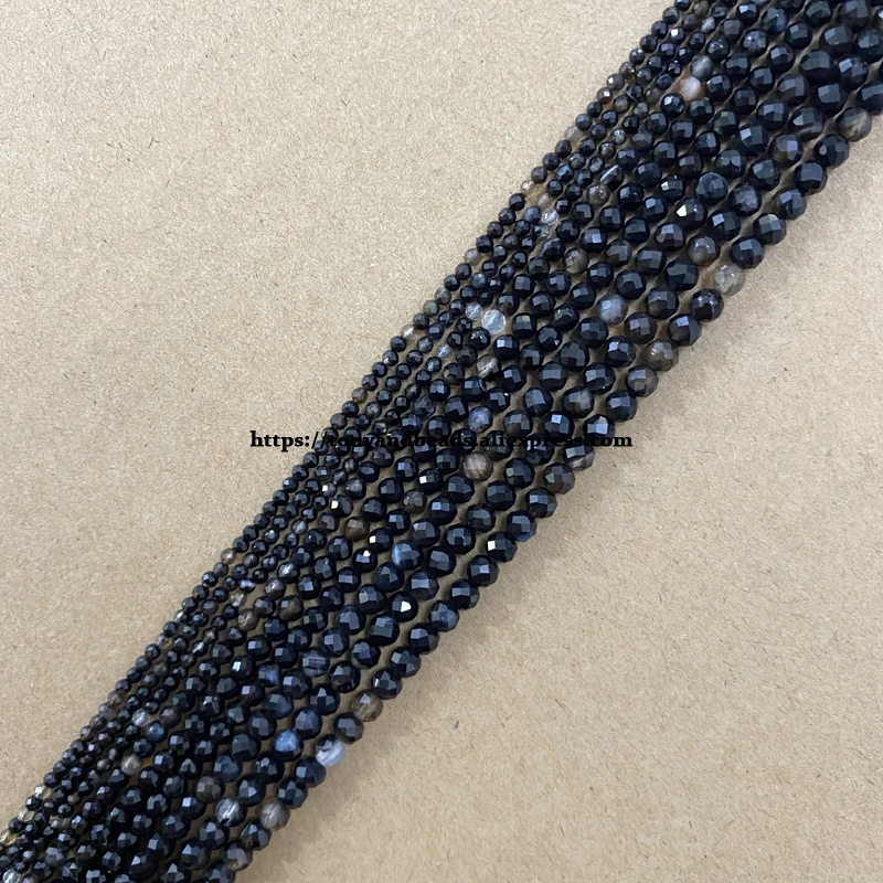 Small Diamond Cuts Faceted Black Agate Round Loose Beads 15\