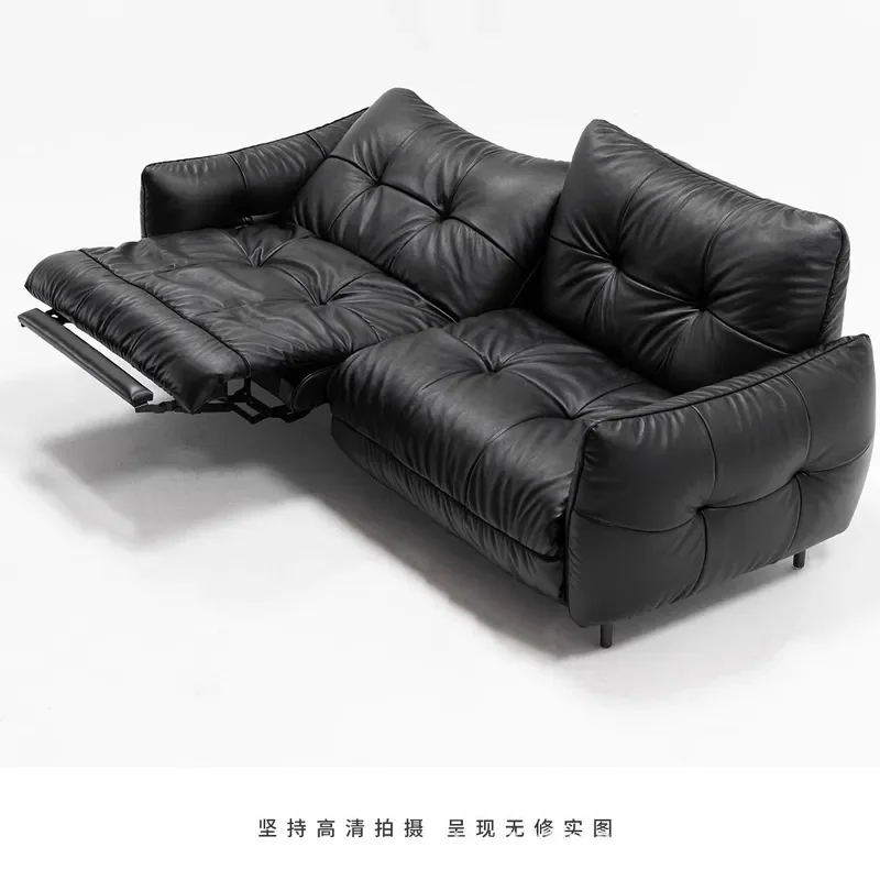 for French Retro Electric Leather Sofa Black Antique Adjustable Living Room Simple Straight Multi-functional Sofa