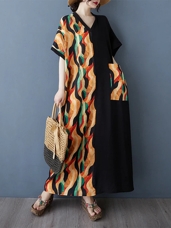 

Новое летнее длинное платье больших размеров с V-Ne длиной до колена с цветочным принтом в стиле пэчворк для похудения, повседневное удобное платье из смеси хлопка Dr