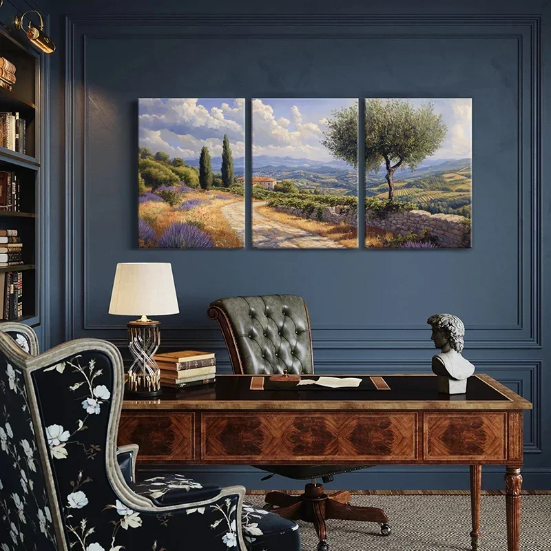 Ensemble de 3 tableaux sur toile encadrés de bois, paysage toscan, collines ondoyantes, olivier, champs de lavande, tableau mural pour décoration.