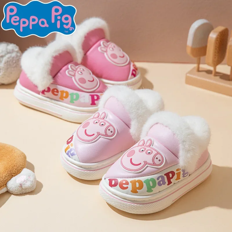 Peppa Pig Winter with Heel Warm Cotton Slippers Cartoon Waterproof Non Slip Home Slippers Kids Slipper Footwear Christmas Gifts