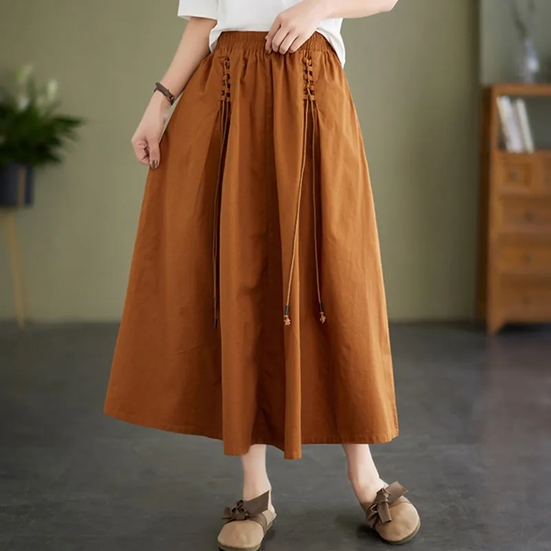 100% Cotton Women Casual Long Skirt New Arrival 2024 Summer Vintage Style Solid Color High Waist Female A-line Skirts B3653