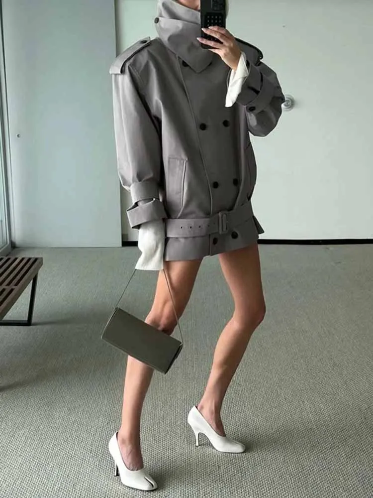 الرجعية رمادي خندق معطف المرأة فضفاضة مزدوجة الصدر سترة التلبيب كم كامل Cinched الخصر التعادل سترة واقية 2025 الخريف ملابس خارجية #5