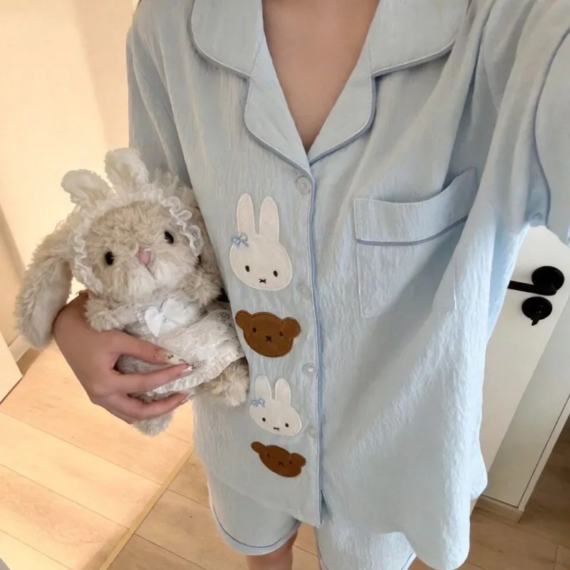 

New Korean Blue Miffy Rabbit 3-piece Pajama Cute Cartoon Cotton Comfortable Breathable Sweat Absorbing Couple Set Birthday Gift