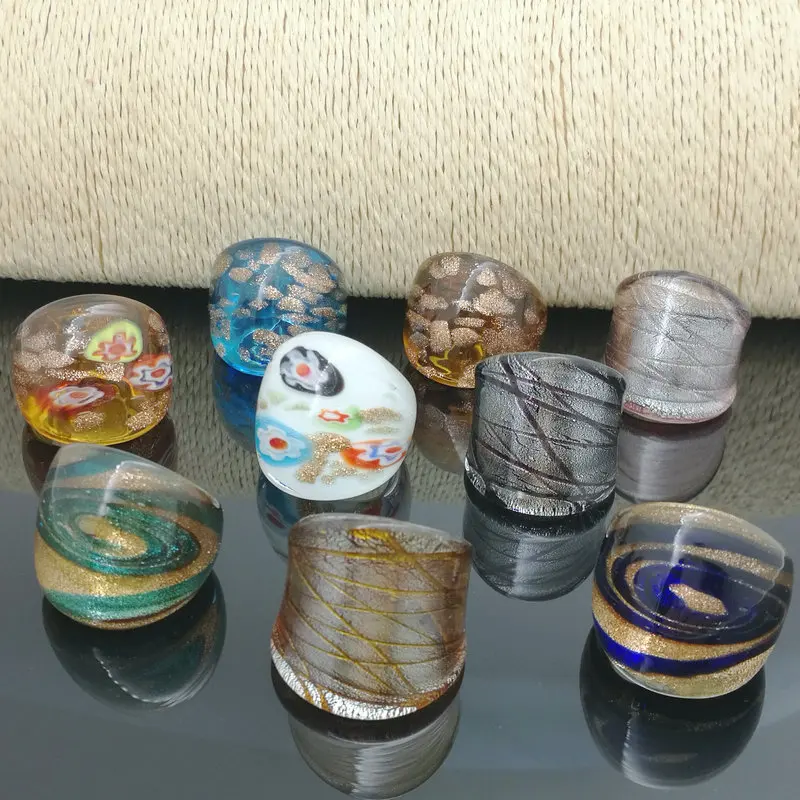 

9PCS Wholesale Randomly Mix Color Lampwork Glass Murano Rings For Women Gold Foil Color 17-19mm Band Random Model