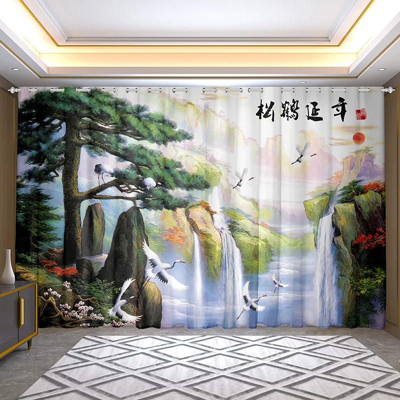 

2 panel New Chinese Retro Curtain Landscape Horse Curtain Semi-shading Hook Grommet Top Type for Bedroom Living Room Window