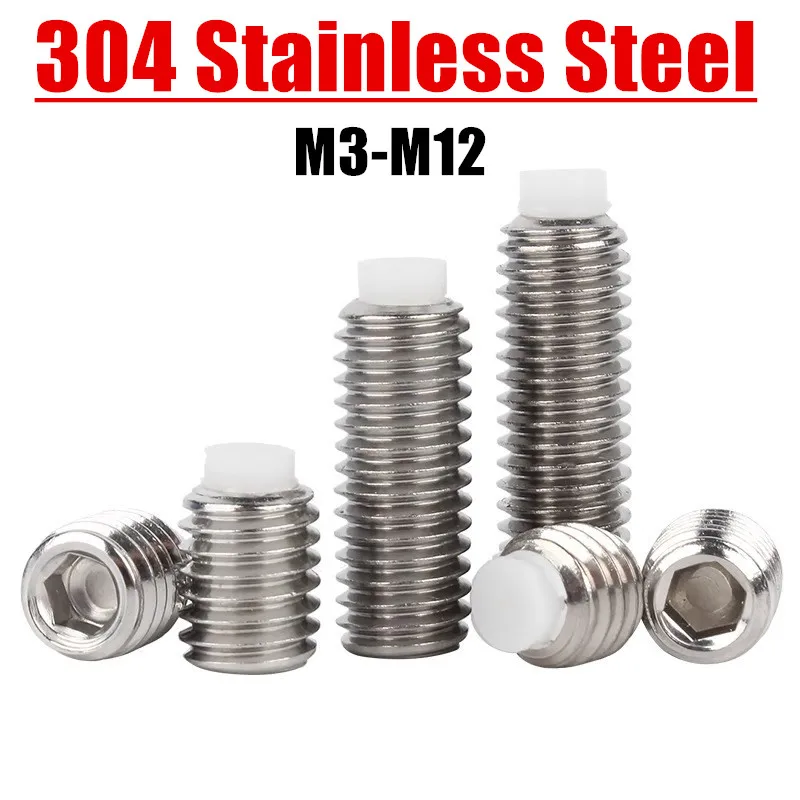 304 Stainless Steel Nylon Head Buffer Bolts M3-M12 Plastic Plunger Stop Set Screw Hex Socket Grub Screws POM Soft Tip Fastener