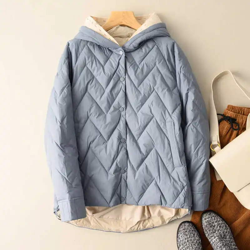 

Autumn Winter Knitted Patchwork Hooded Down Coat Women Thick White Duck Down Jacket Parkas Female Single Breasted Warm Outwears