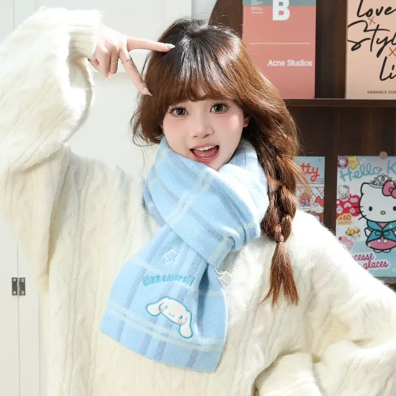 

Розовый шарф Hello Kitty Melody, милые вязаные клетчатые шарфы с вышивкой для девочек, зимние уличные милые ветрозащитные теплые зимние шарфы