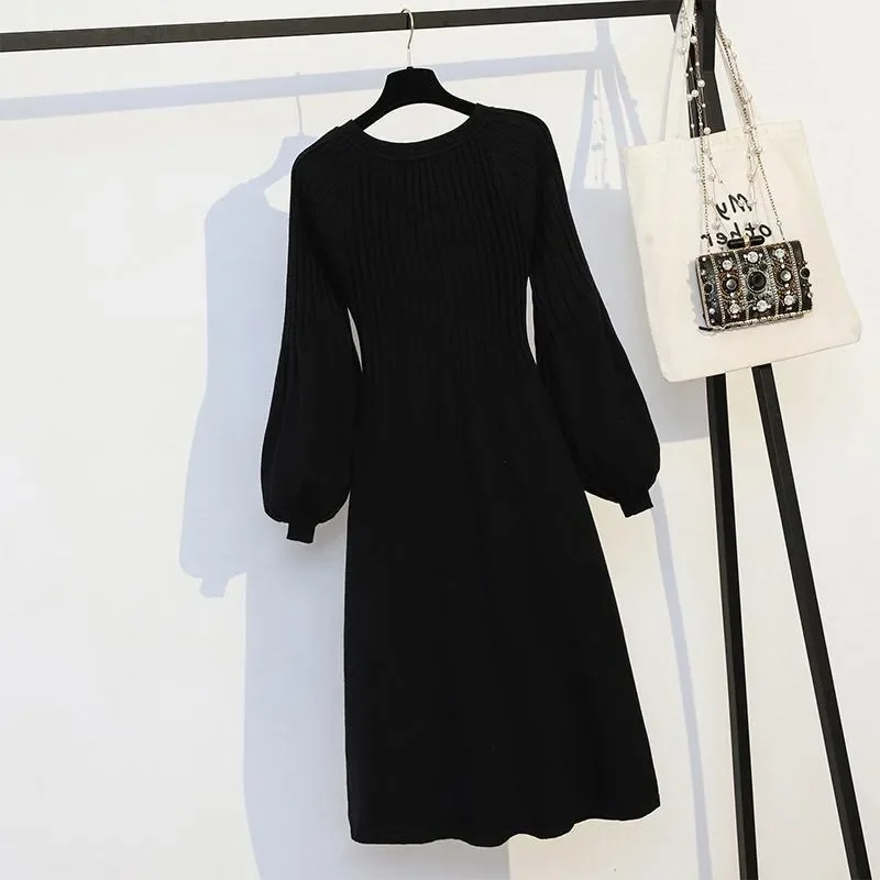 

Black Knit Dress For Junior Women Elegant Fashion With Lantern Sleeves And Knee Length