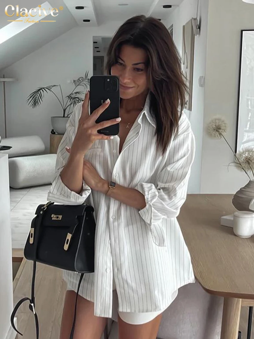 Clacive Fashion Loose Stripe Print Women\'s Blouse 2025 Casual Lapel Long Slleeve Shirts Elegant Classic Top Female Clothing