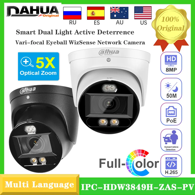 

Dahua Original 4K 8MP IPC-HDW3849H-ZAS-PV Built-in Dual Smart Dual Light Active Deterrence Vari-focal Eyeball WizSense IP Camera