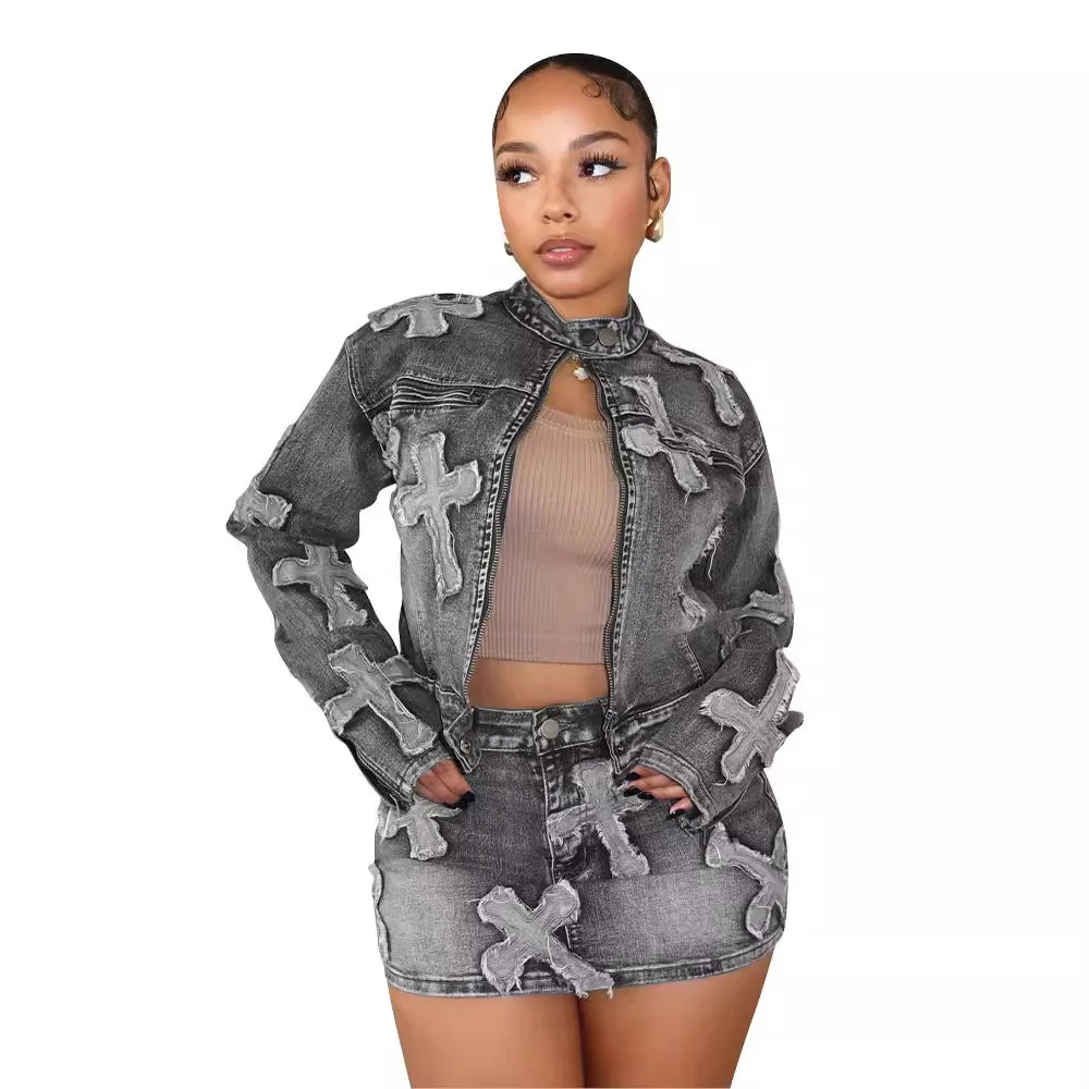 Spring new denim skirt suit denim embroidered skirt jacket set two piece sets womens outifits womans clothes for