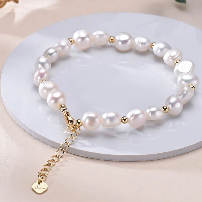 

HENGSHENG Freshwater 8-9mm White Pearl Baroque With Small Gold Bead Bracelet 925 Sterling Silver Jewelry Gifts for Women Girls