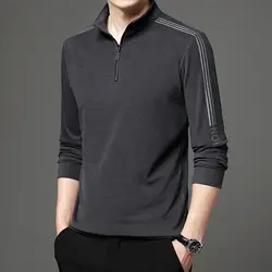 Spring Autumn Men Slim Stripe Long Sleeve Sports T-shirt Korean Clothes Tees Streetwear Fashion Male Zipper Bottoming Casual Top